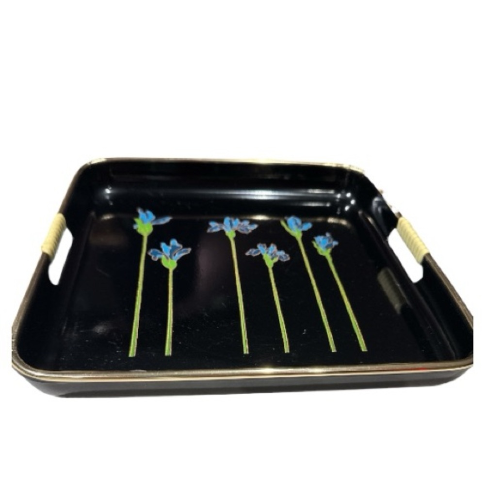 Set of 3 Japanese Lacquerware Nesting Serving Trays Blue Irises Woven Handles - Picture 8 of 12